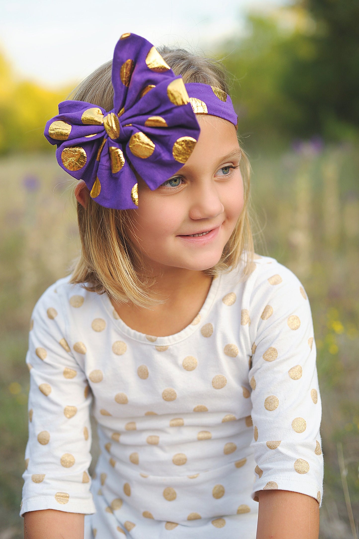 Purple and Gold Polka Dot Oversized Headband- bow headband, purple headband, headband, purple outfit, purple bow, gift for her