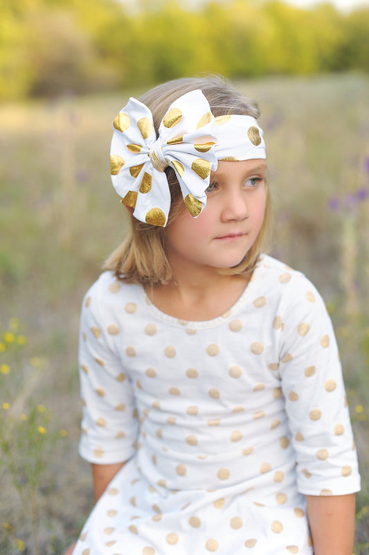 White and Gold Polka Dot Oversized Headband- bow headband, white headband, headband, white outfit, white bow, gift for her, gold headband