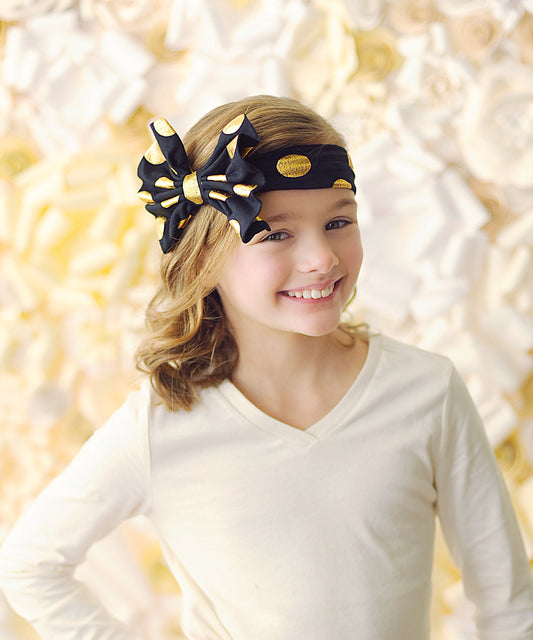 Black and Gold Polka Dot Oversized Headband- bow headband, black headband, headband, black outfit, black bow, gift for her, gold headband