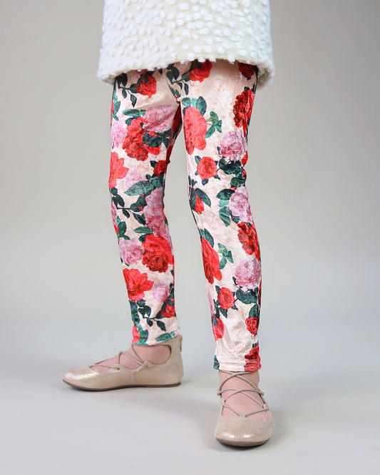 Velvet Leggings in Ivory with Red Roses