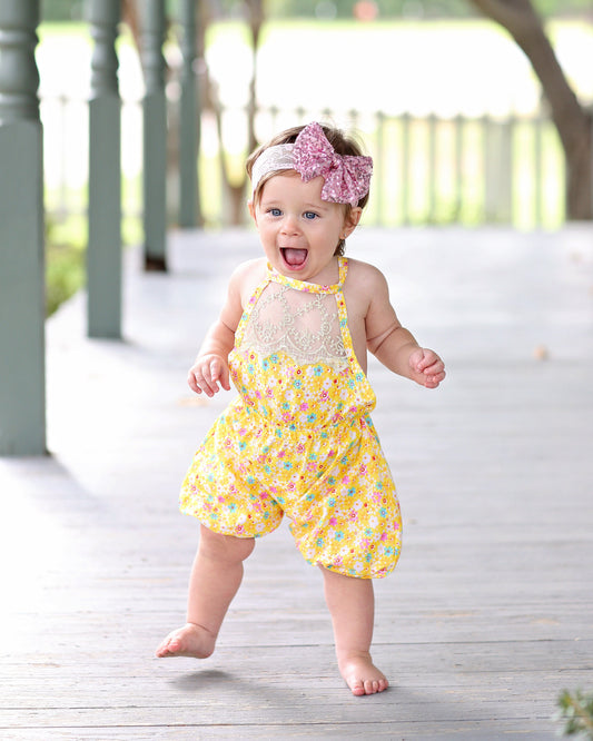 Yellow Floral Baby Toddler Romper- Baby Gift, Toddler Romper, Baby Gift, Toddler Gift, Toddler Outfit, Baby Outfit, Girl Birthday Gift, Baby