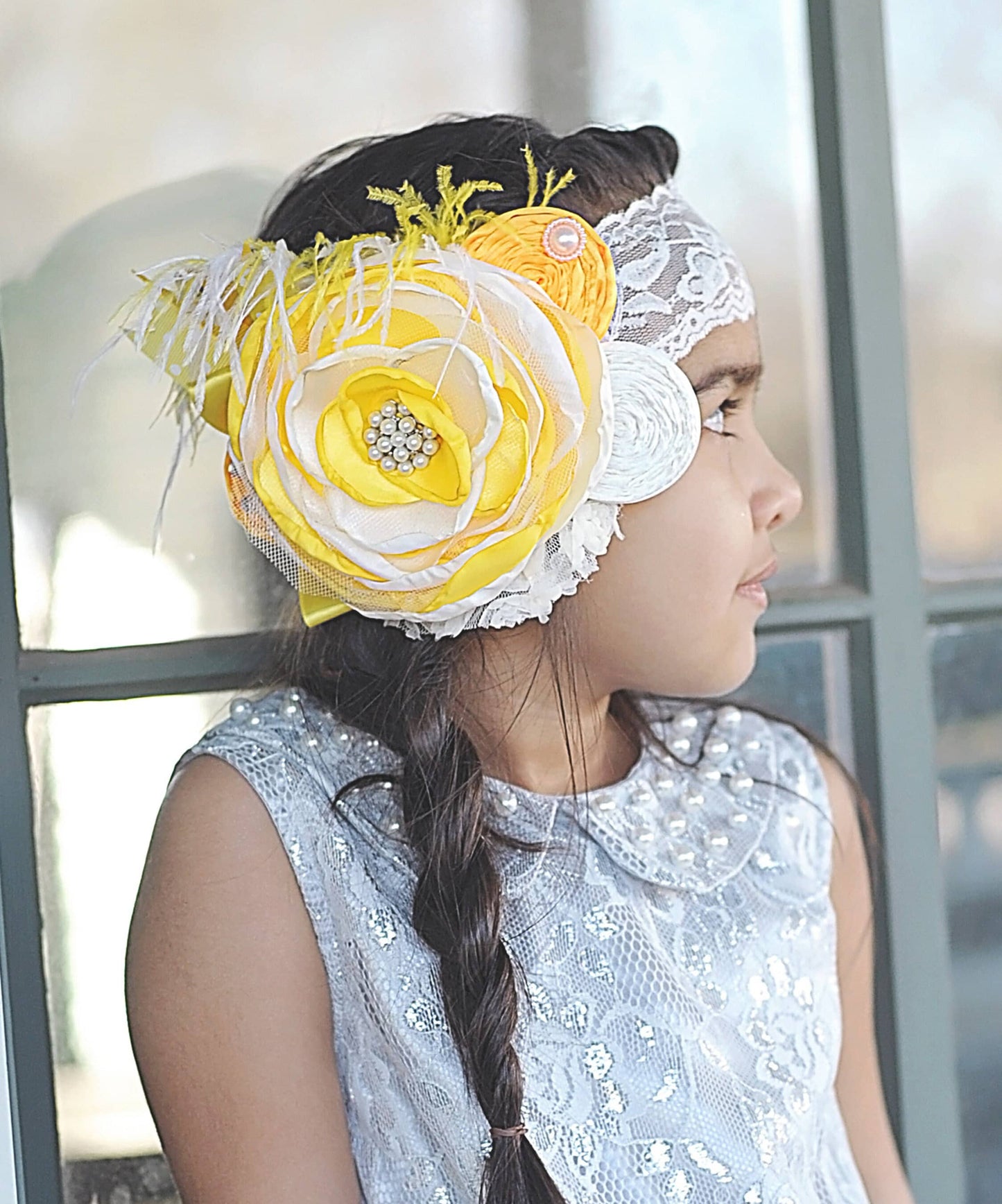 Yellow Flower and Feather Headband- Flower Headband, Flower Crown, Flower Headpiece, Flower Girl, Boho Flower Crown, flower crown headband
