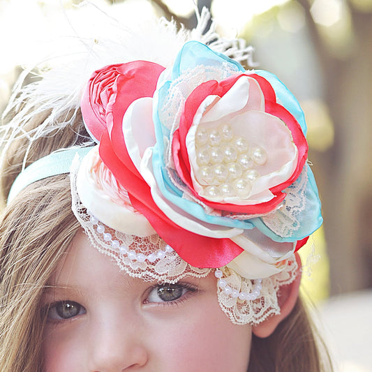 Coral Aqua Flower Feather Headband- Flower Headband, Flower Crown, Flower Headpiece, Flower Girl, Boho Flower Crown, flower crown headband