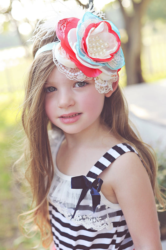 Coral Aqua Flower Feather Headband- Flower Headband, Flower Crown, Flower Headpiece, Flower Girl, Boho Flower Crown, flower crown headband