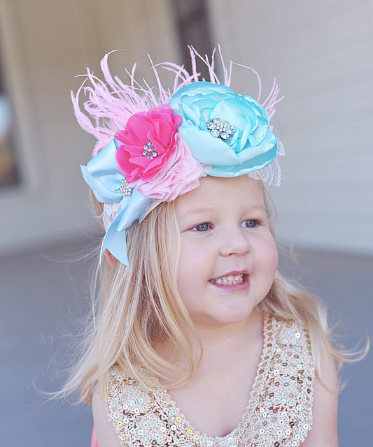 Blue Flower and Feather Headband- Flower Headband, Flower Crown, Flower Headpiece, Flower Girl, Boho Flower Crown, flower crown headband