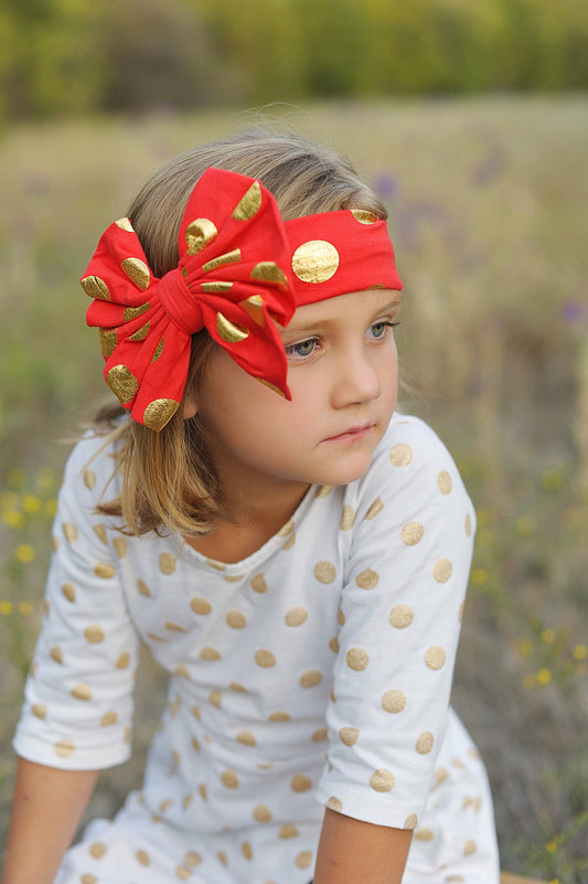 Red and Gold Polka Dot Headband- bow headband, red headband, red hair accessory, headband, red outfit, red bow, gift for her, red hair bow