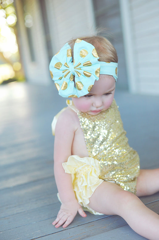 Aqua and Gold Polka Dot Oversized Headband- bow headband, aqua headband, headband, aqua outfit, aqua bow, gift for her, aqua hair bow