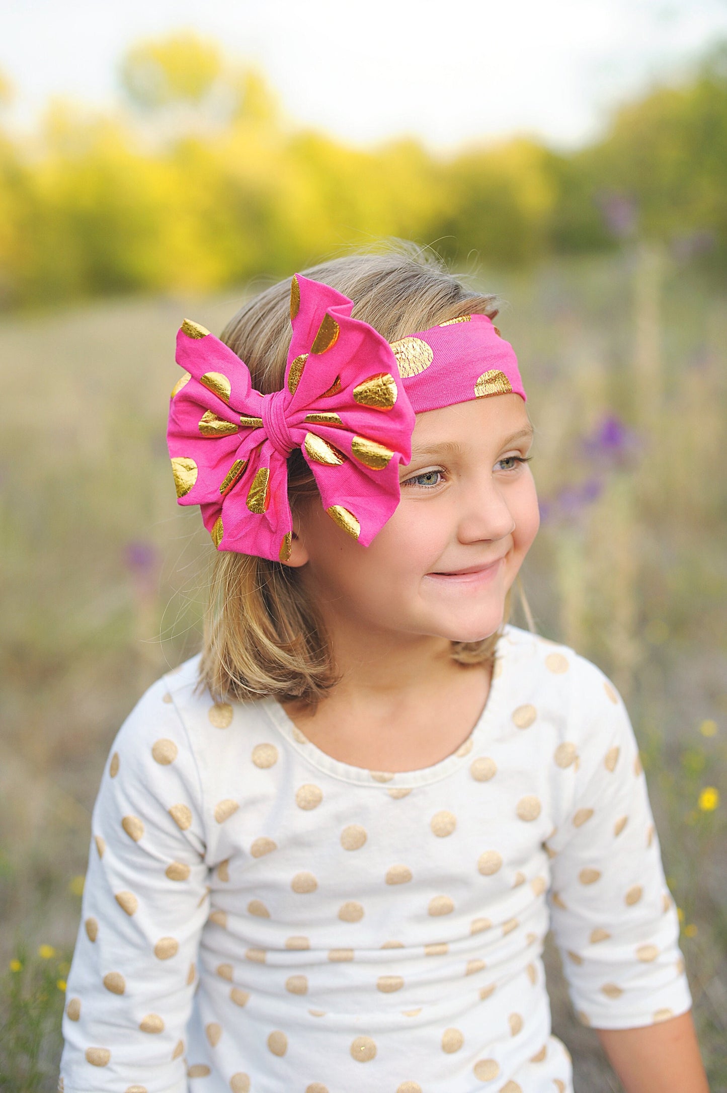 Hot Pink and Gold Polka Dot Oversized Headband- bow headband, hot pink headband, headband, hot pink outfit, hot pink bow, gift for her, pink